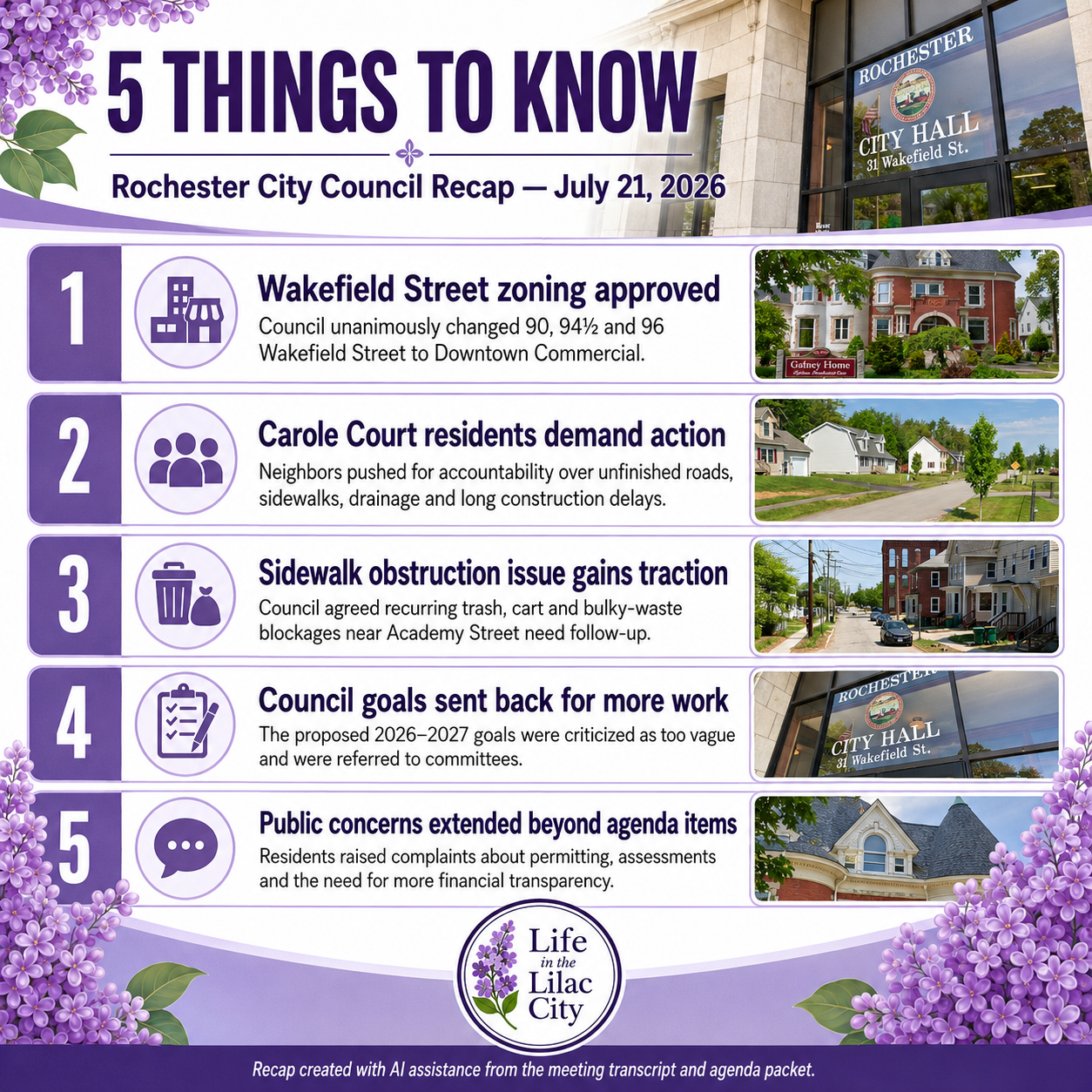 Five things to know from the July 21, 2026 Rochester City Council meeting, illustrated with real Rochester photos
