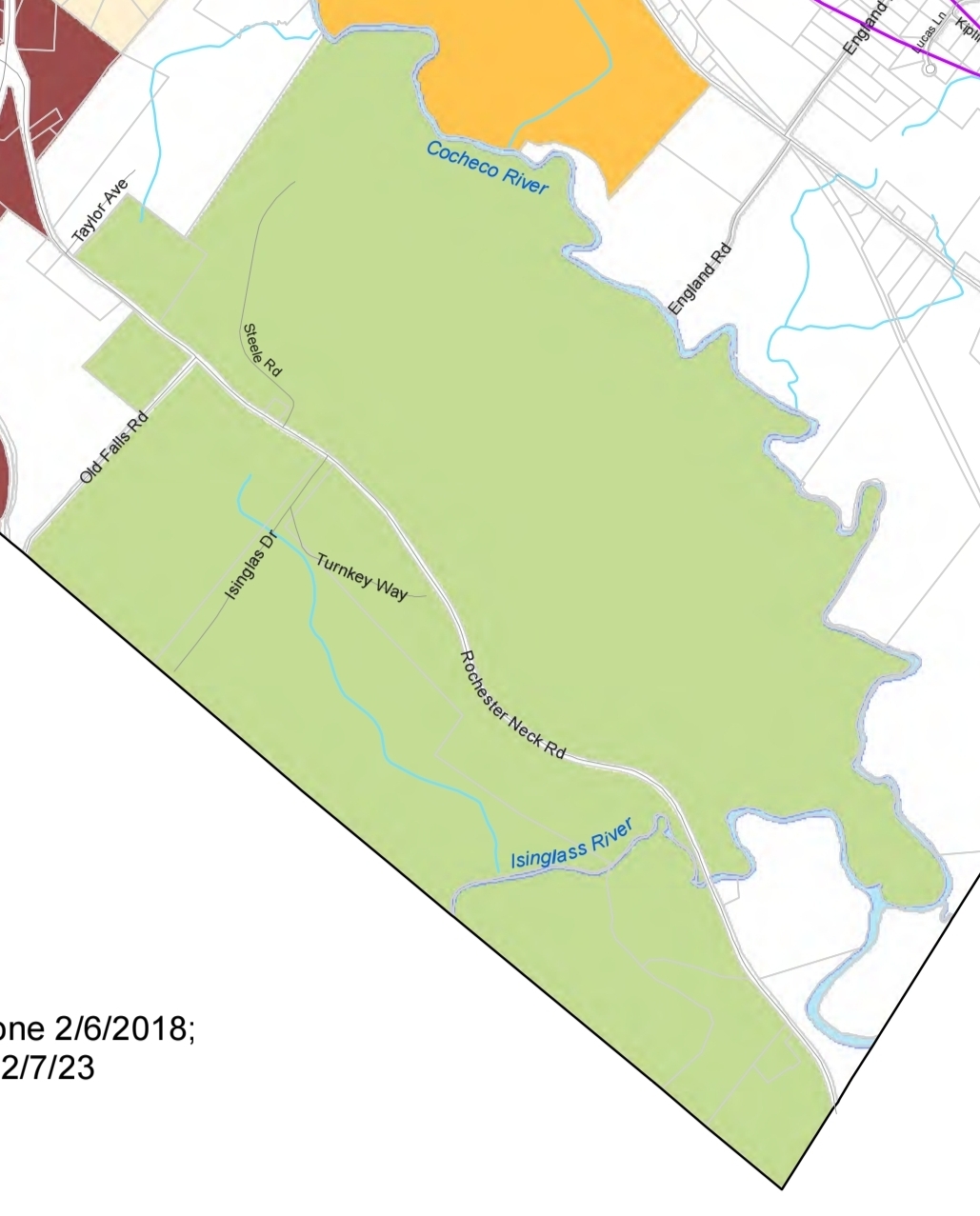 The area shaded green represents Rochester's Recycling Industrial zoning district, including land around Rochester Neck Road and Steele Road, extending along portions of the Cocheco and Isinglass rivers